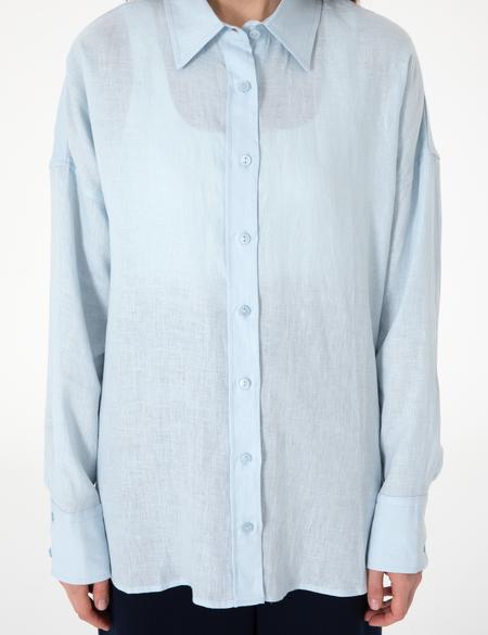Açık Mavi Oversize Uzun Kollu %100 Keten Gömlek - 50301078033