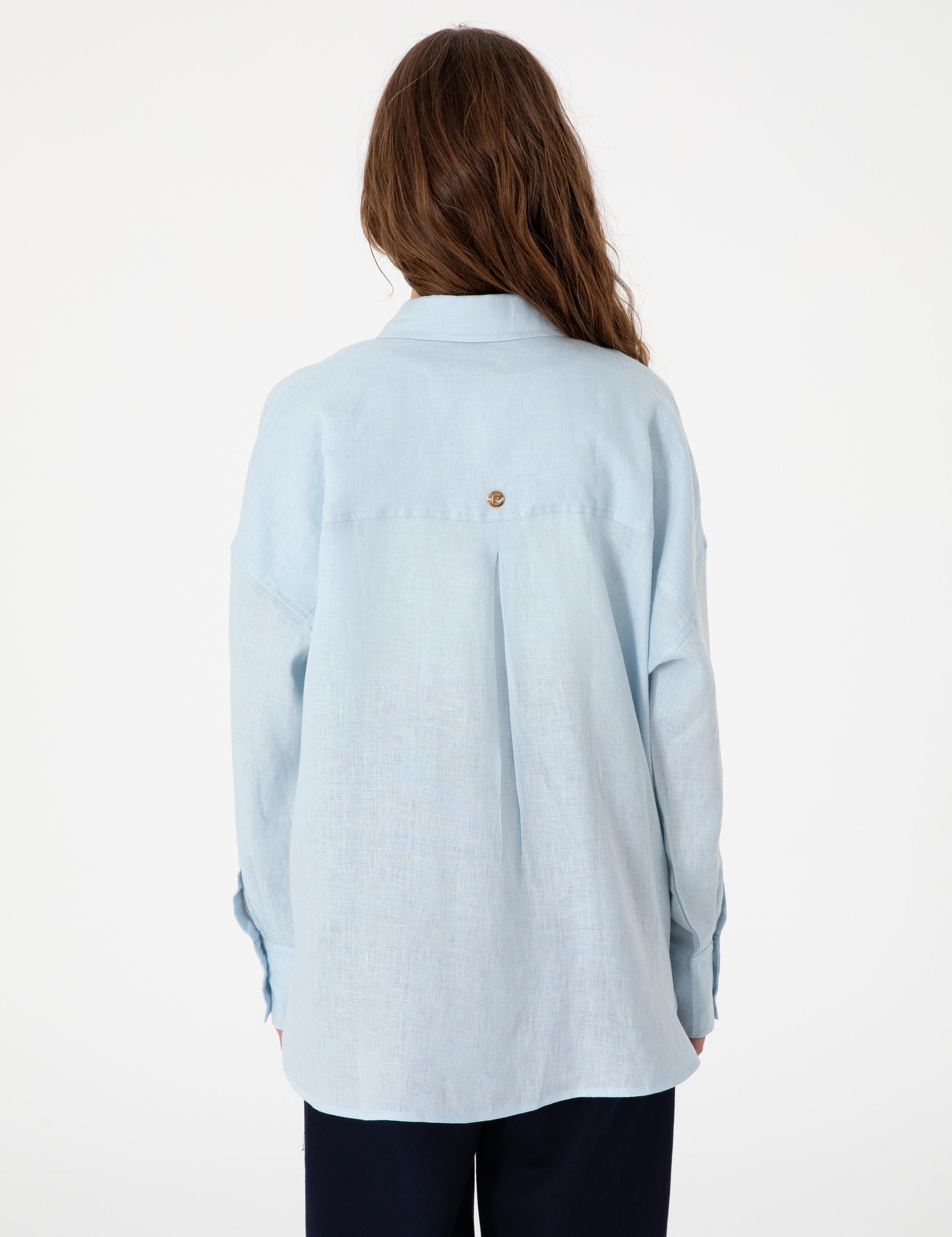 Açık Mavi Oversize Uzun Kollu %100 Keten Gömlek