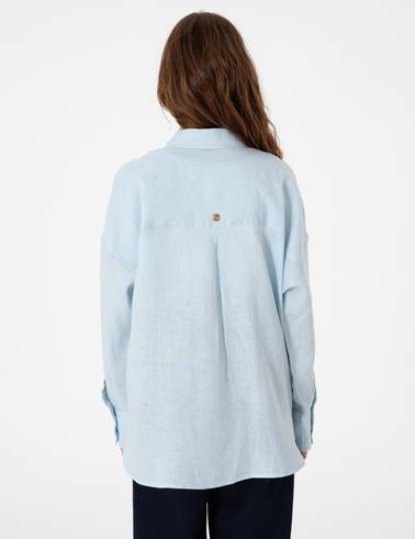 Açık Mavi Oversize Uzun Kollu %100 Keten Gömlek