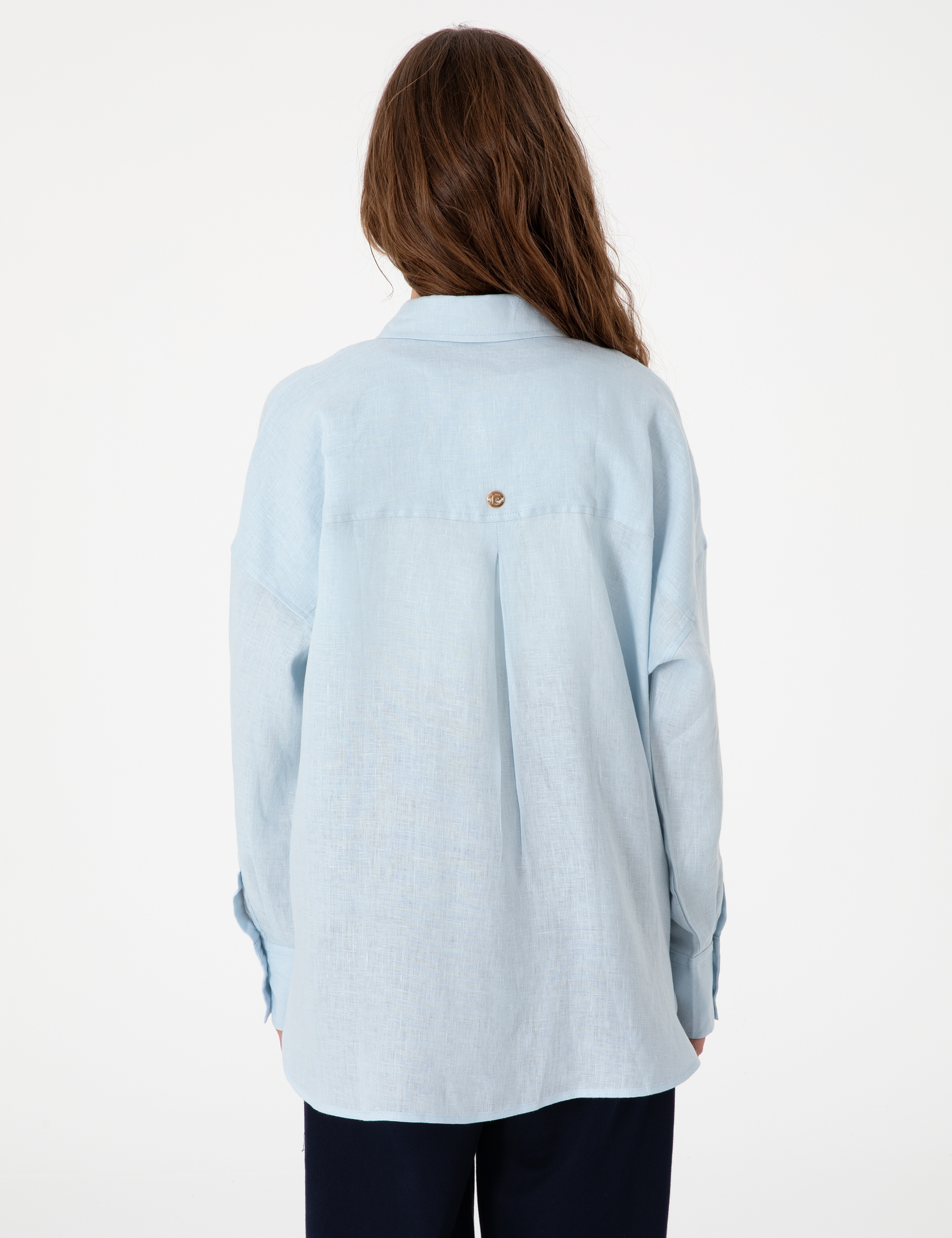 Açık Mavi Oversize Uzun Kollu %100 Keten Gömlek - Image 5