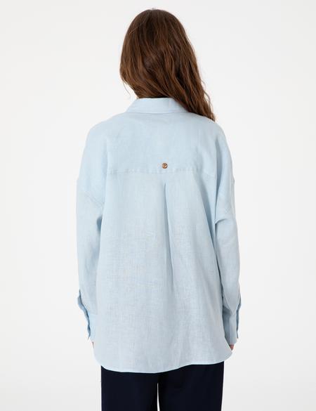 Açık Mavi Oversize Uzun Kollu %100 Keten Gömlek - 50301078033