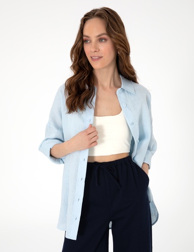 Açık Mavi Oversize Uzun Kollu %100 Keten Gömlek