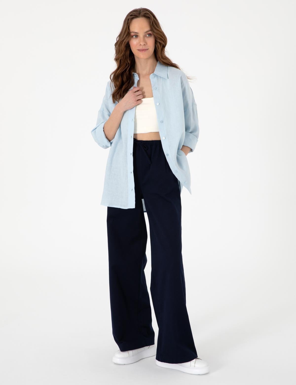 Açık Mavi Oversize Uzun Kollu %100 Keten Gömlek - 50301078033