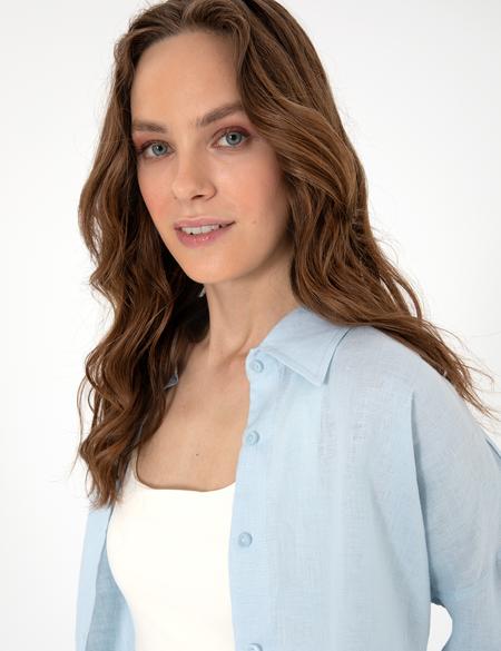 Açık Mavi Oversize Uzun Kollu %100 Keten Gömlek - 50301078033