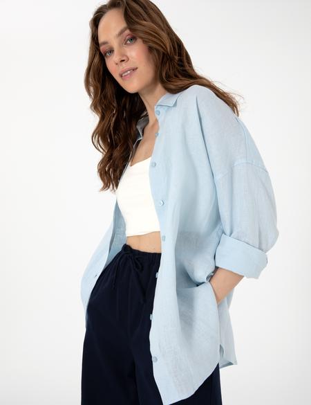Açık Mavi Oversize Uzun Kollu %100 Keten Gömlek - 50301078033