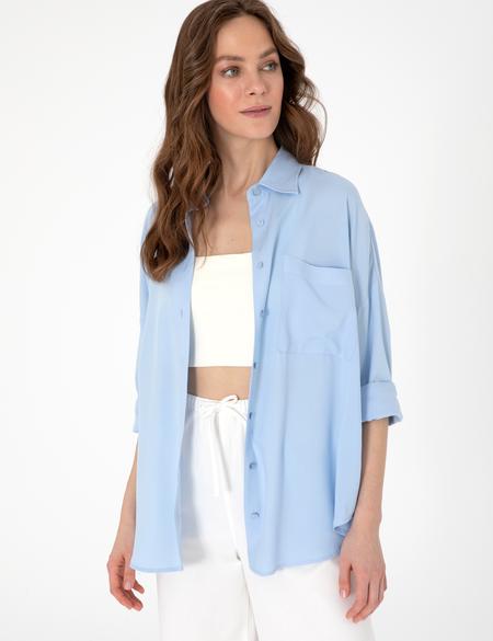 Açık Mavi Oversize Uzun Kollu Gömlek - 50311567014
