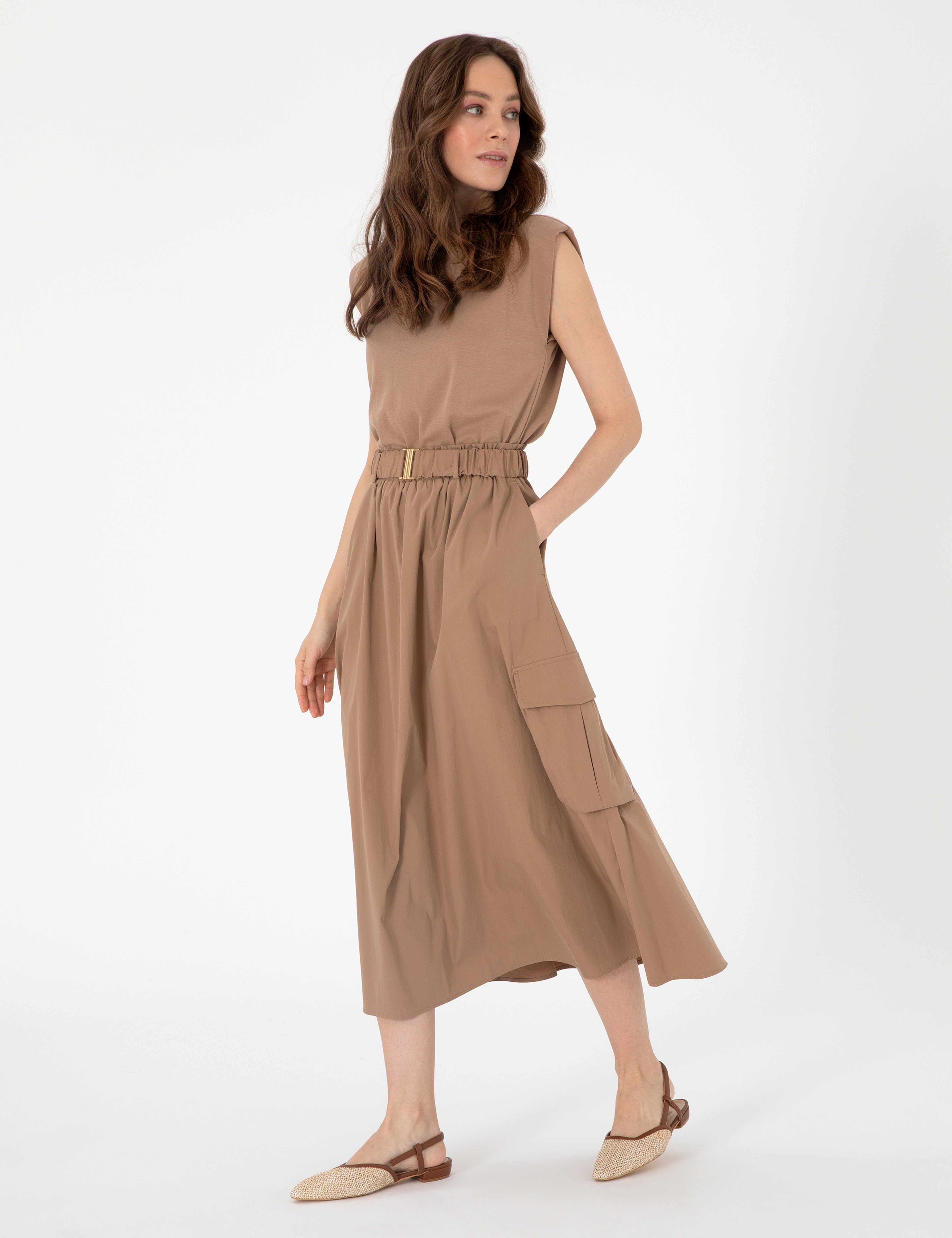 Kahverengi Regular Fit Dokuma Elbise - Image 3