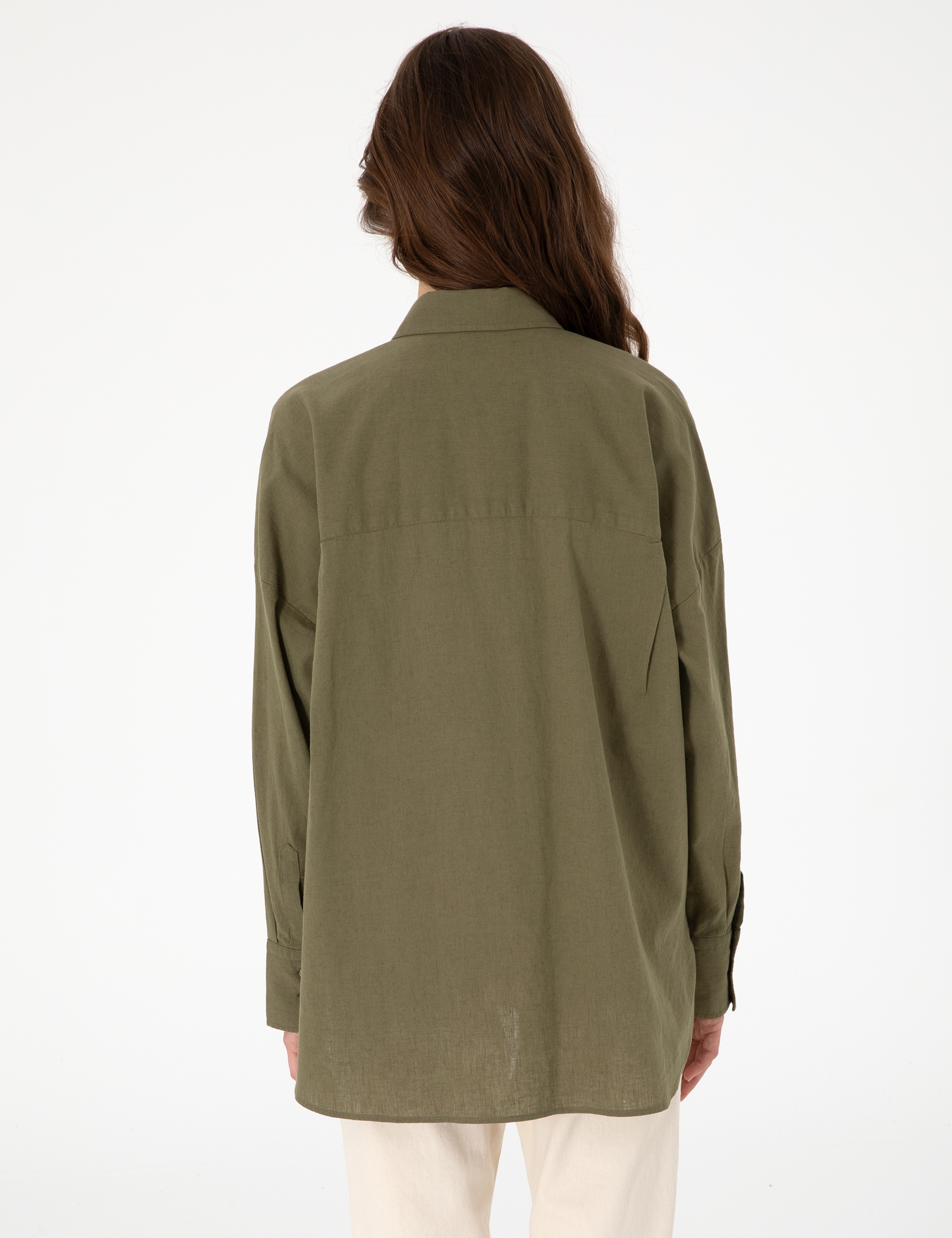 Haki Oversize Keten Karışımlı Uzun Kollu Gömlek
