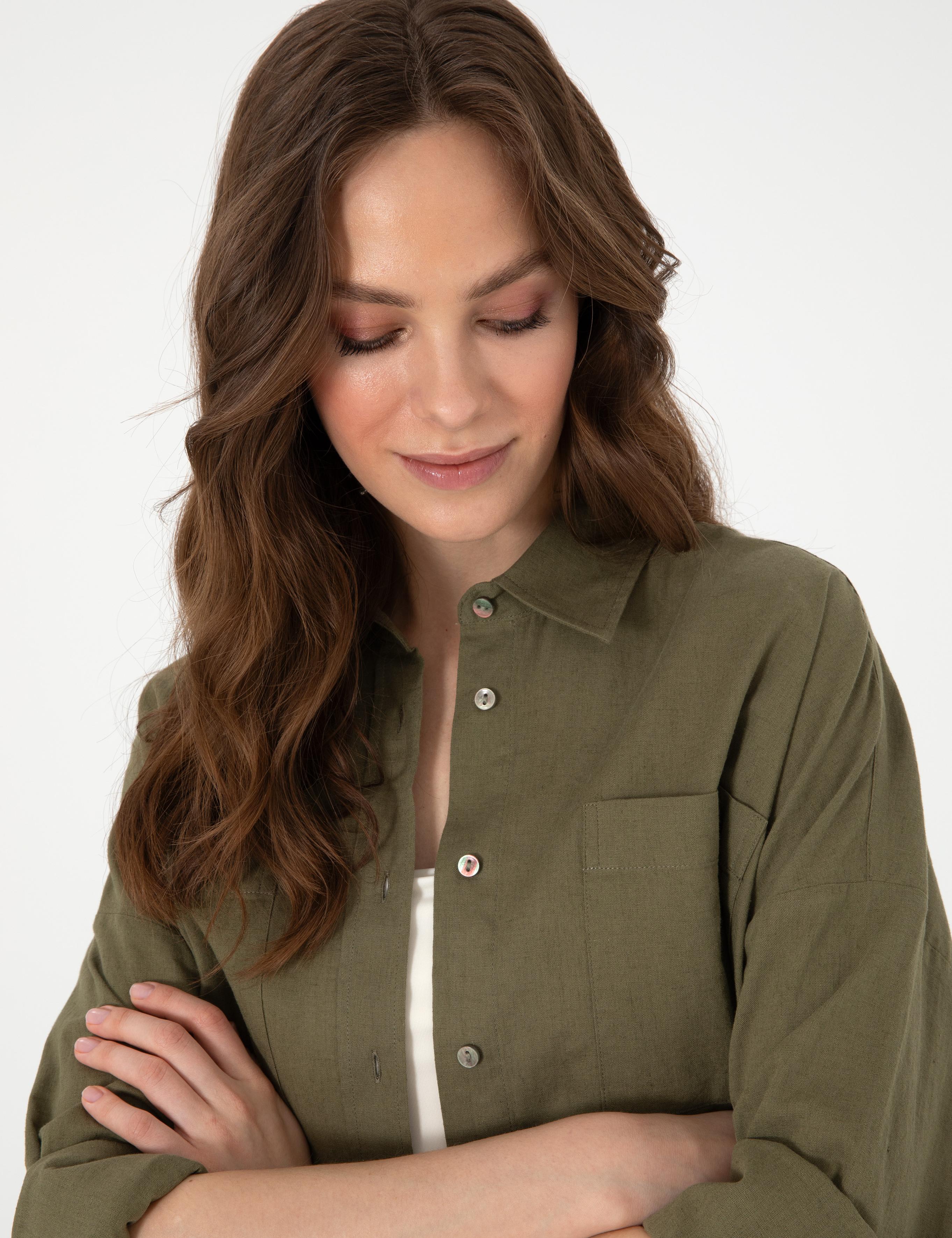 Haki Oversize Keten Karışımlı Uzun Kollu Gömlek