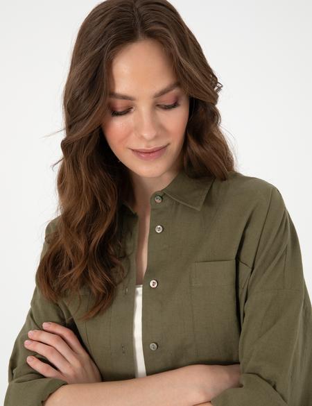 Haki Oversize Keten Karışımlı Uzun Kollu Gömlek - 50313128044