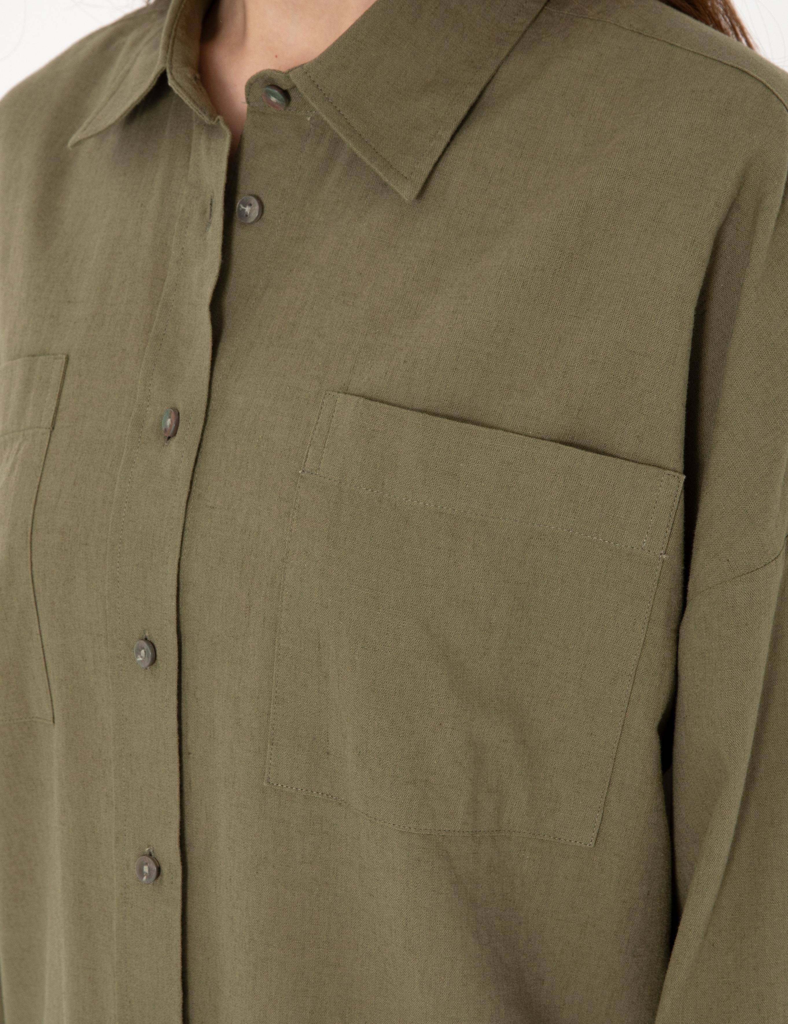 Haki Oversize Keten Karışımlı Uzun Kollu Gömlek