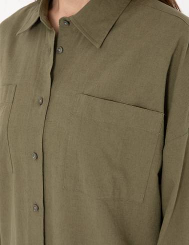 Haki Oversize Keten Karışımlı Uzun Kollu Gömlek