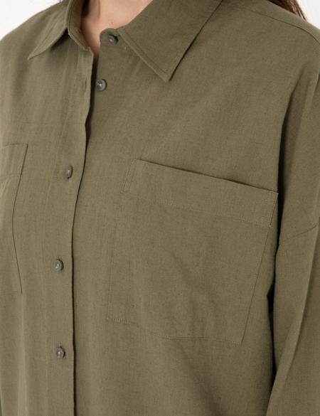 Haki Oversize Keten Karışımlı Uzun Kollu Gömlek - 50313128044