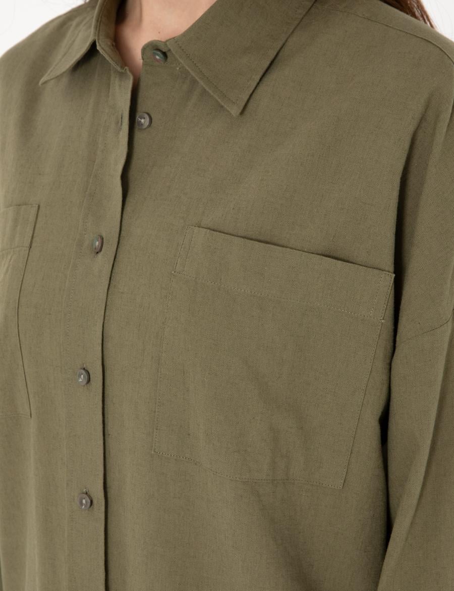 Haki Oversize Keten Karışımlı Uzun Kollu Gömlek