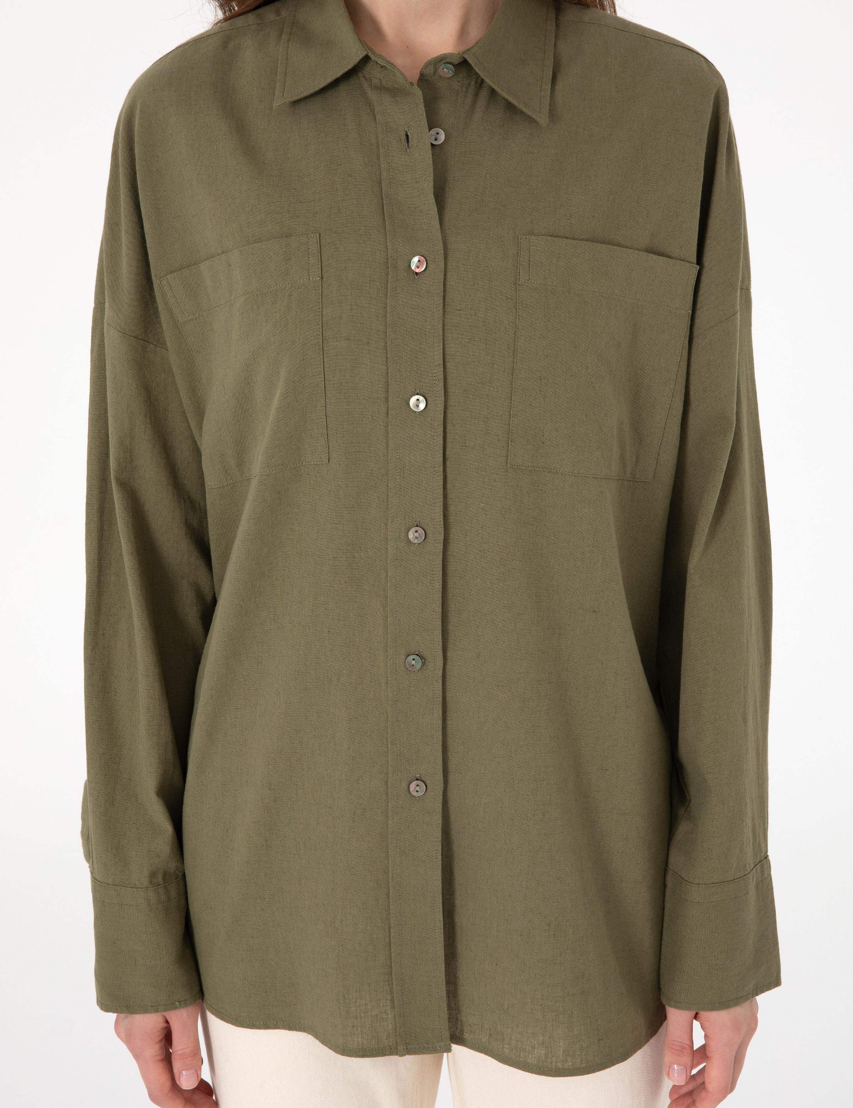 Haki Oversize Keten Karışımlı Uzun Kollu Gömlek