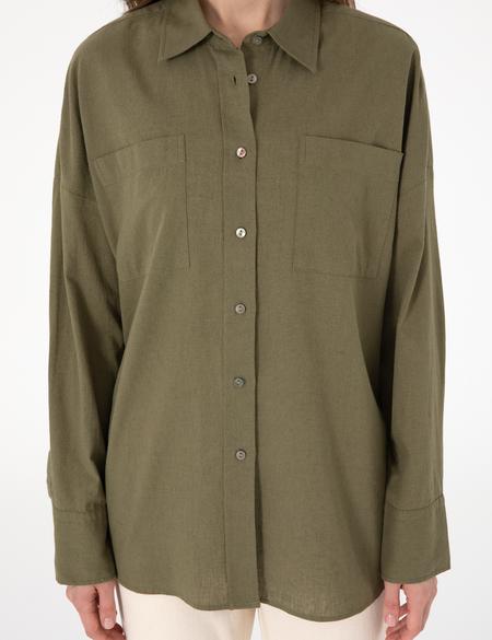 Haki Oversize Keten Karışımlı Uzun Kollu Gömlek - 50313128044