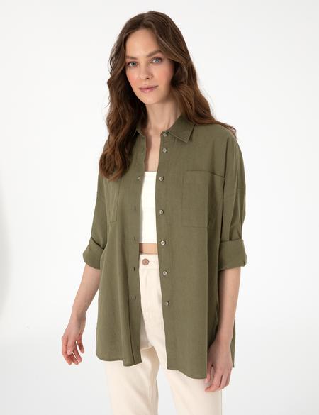 Haki Oversize Keten Karışımlı Uzun Kollu Gömlek - 50313128044