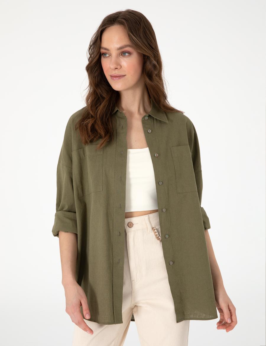Haki Oversize Keten Karışımlı Uzun Kollu Gömlek