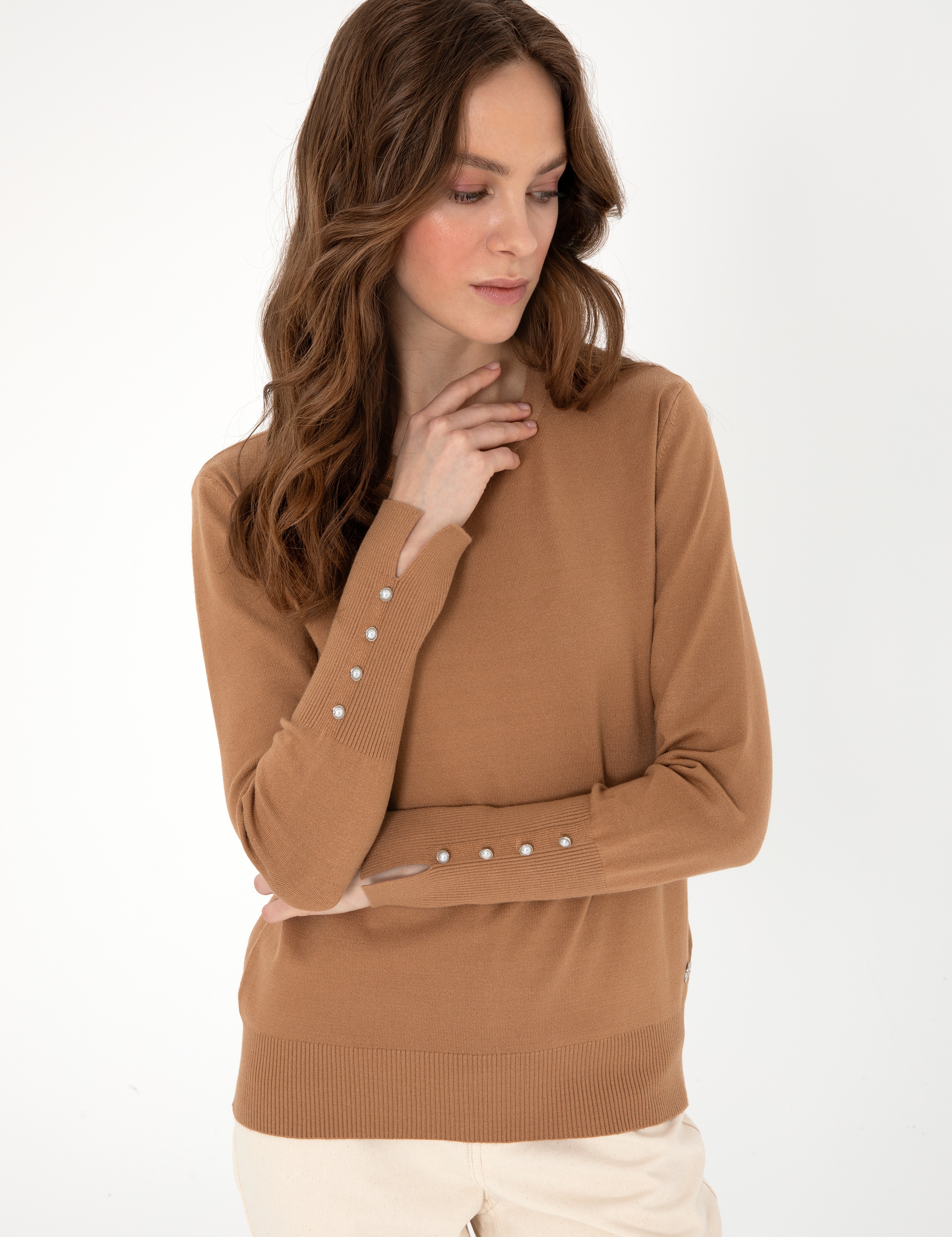 Camel Slim Fit Bisiklet Yaka Basic Kazak - Image 3