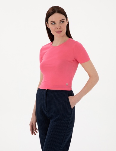 Pembe Regular Fit Crop Tişört