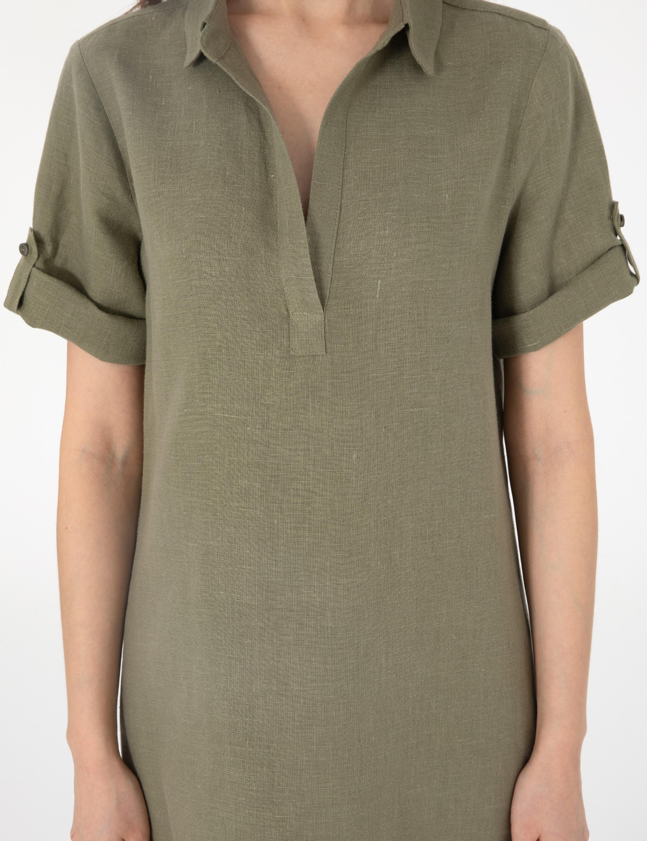 Haki Regular Fit Keten Kısa Dokuma Elbise