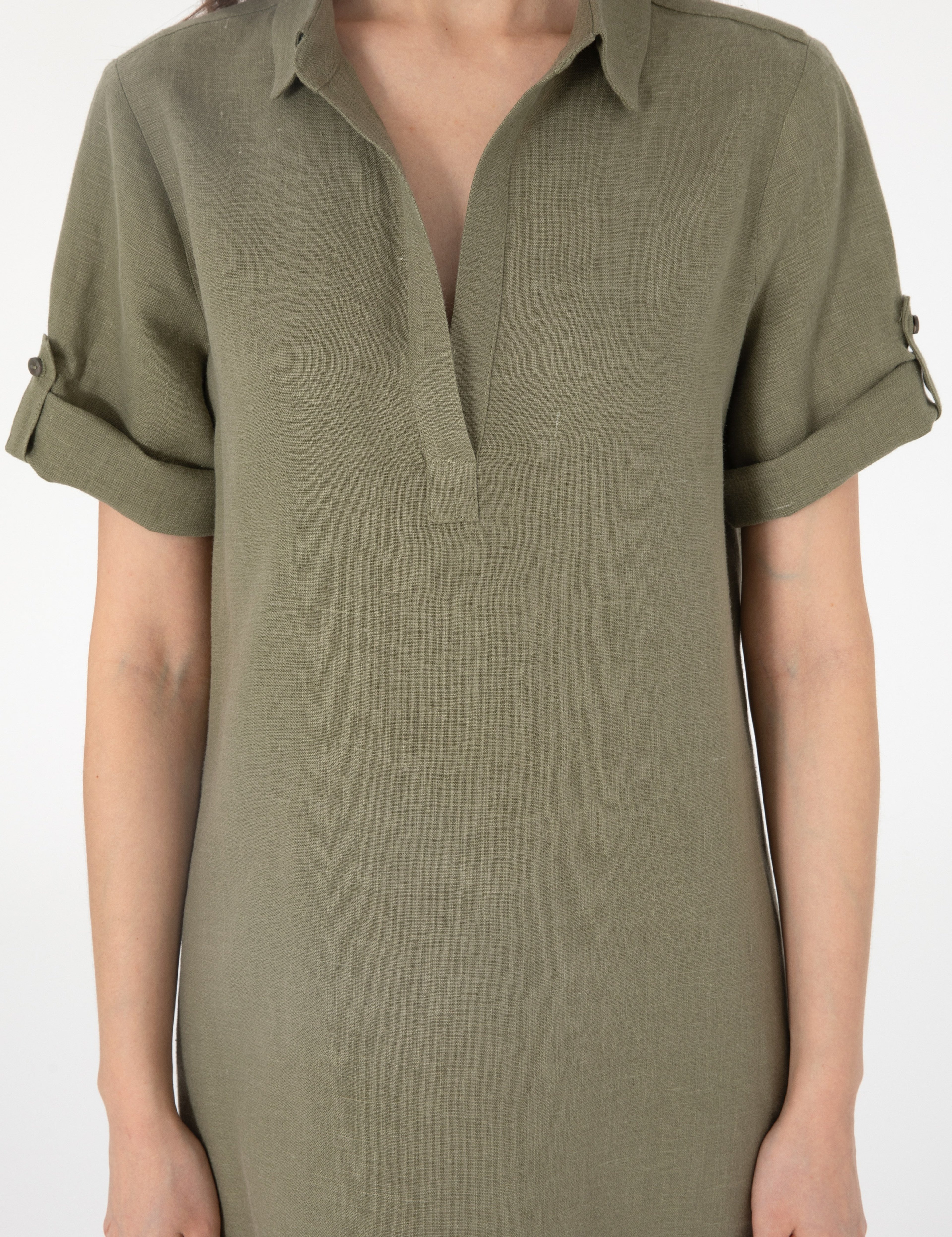 Haki Regular Fit Keten Kısa Dokuma Elbise - Image 5