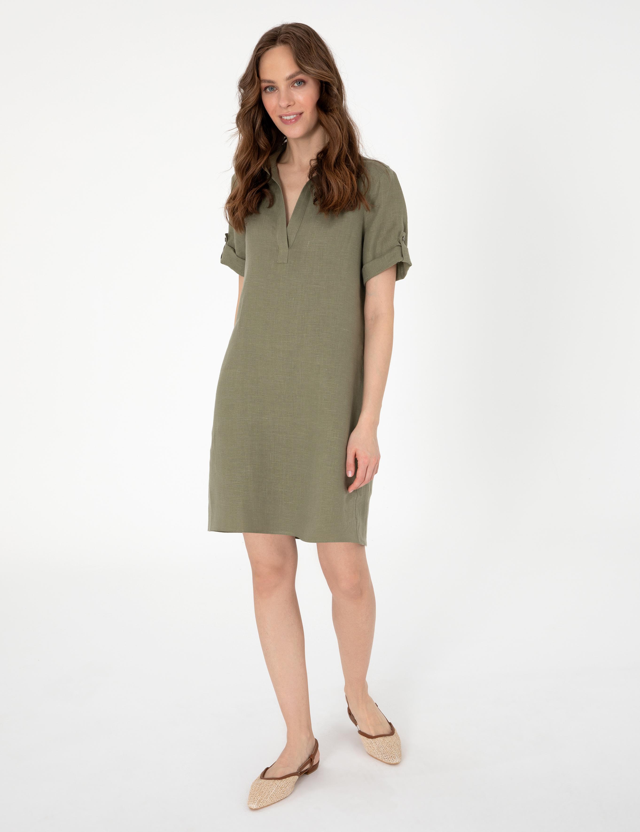 Haki Regular Fit Keten Kısa Dokuma Elbise