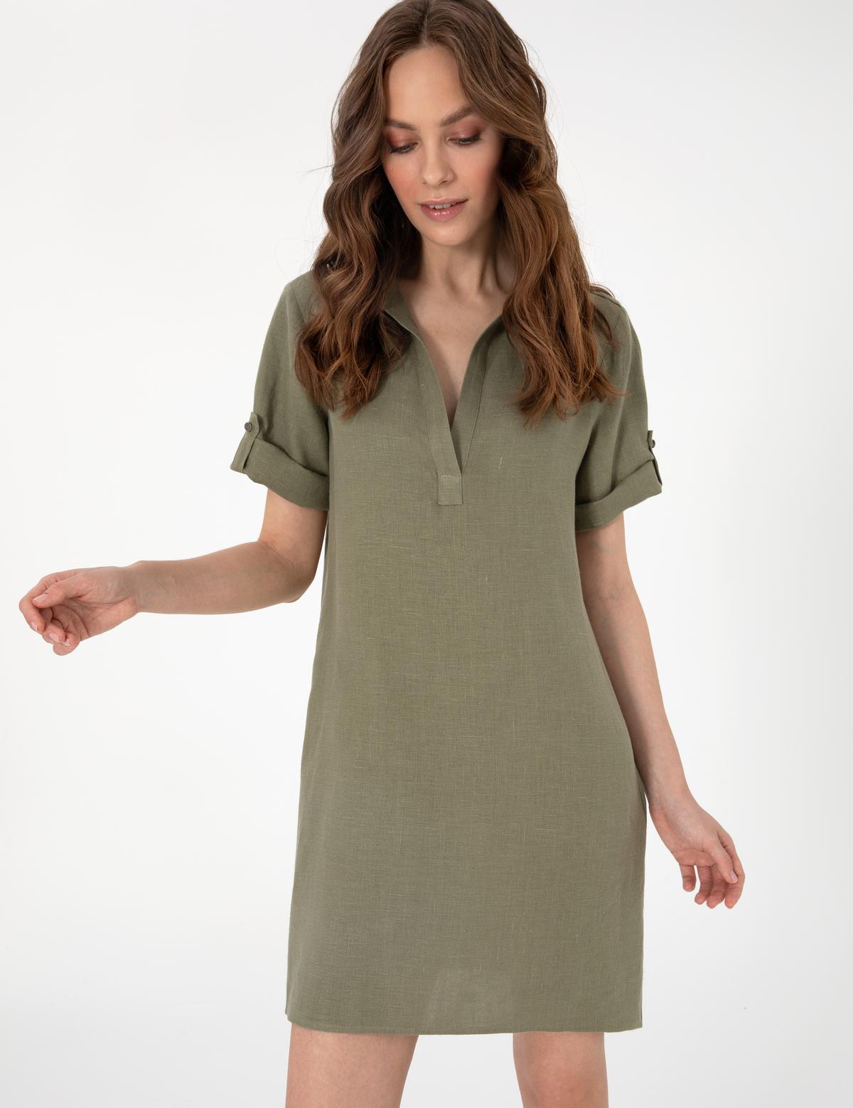 Haki Regular Fit Keten Kısa Dokuma Elbise - 50309345001