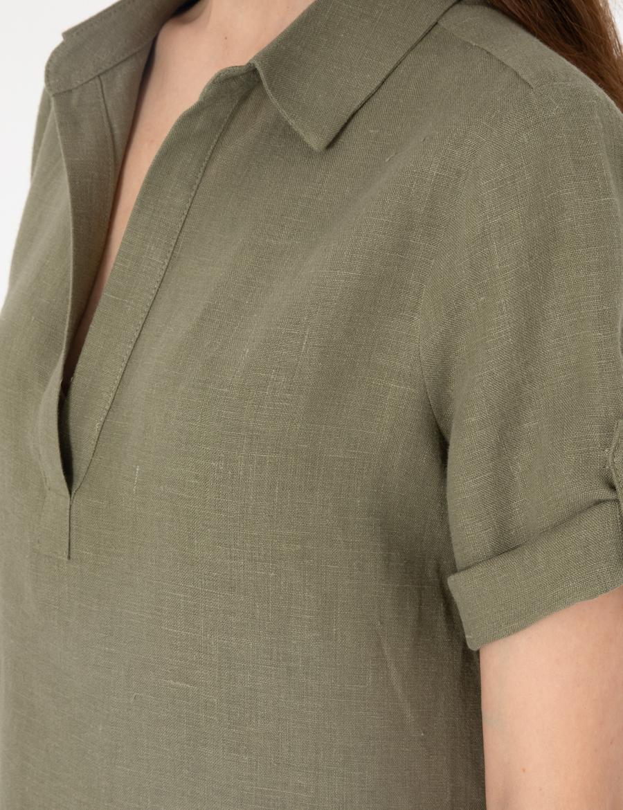 Haki Regular Fit Keten Kısa Dokuma Elbise