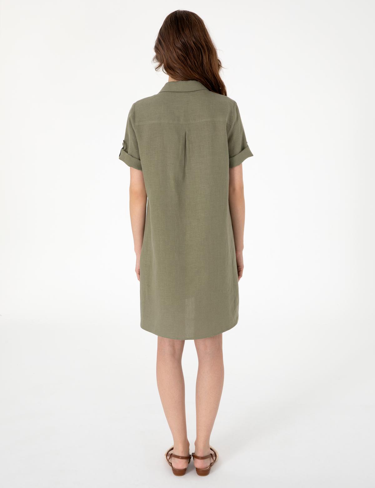 Haki Regular Fit Keten Kısa Dokuma Elbise - 50309345001