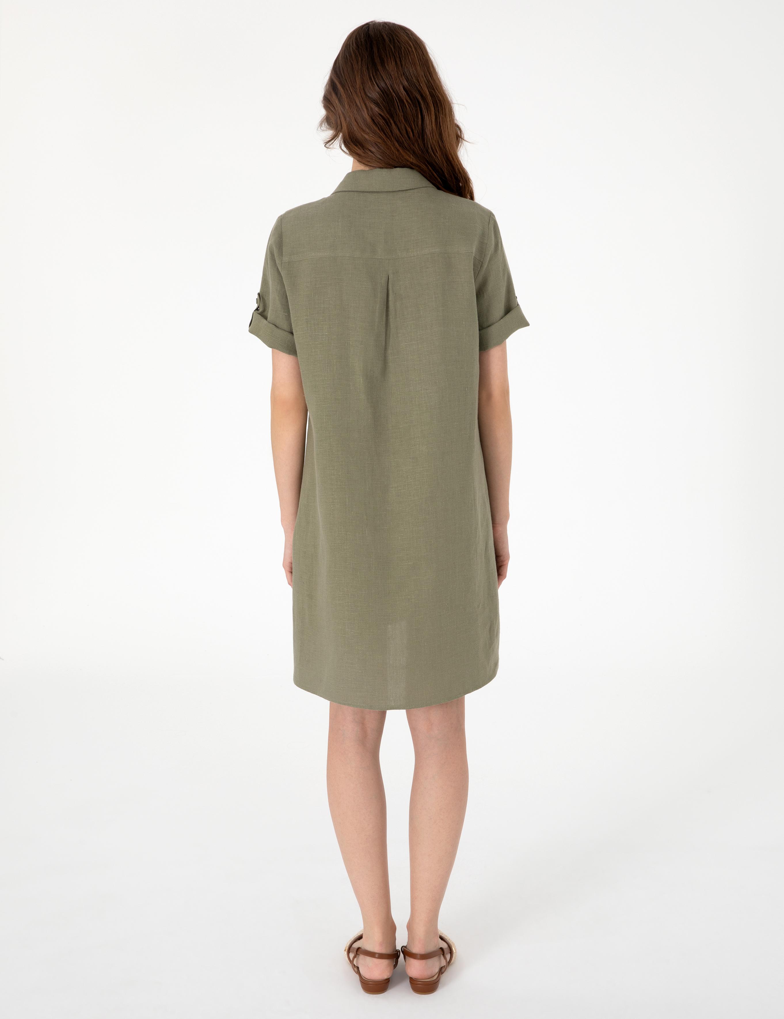 Haki Regular Fit Keten Kısa Dokuma Elbise