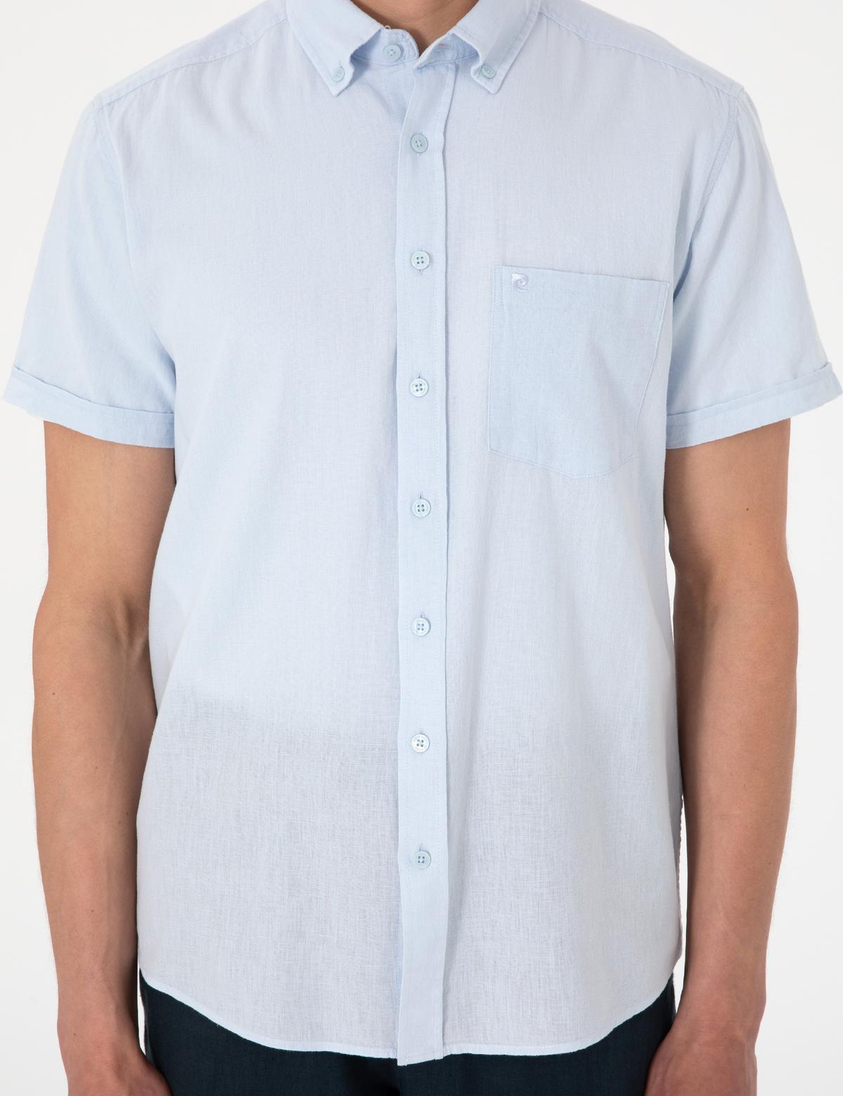 Açık Mavi Keten Karışımlı Regular Fit Kısa Kollu Gömlek - 50303418063