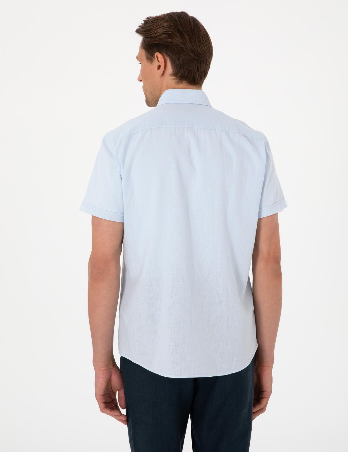 Açık Mavi Keten Karışımlı Regular Fit Kısa Kollu Gömlek - 50303418063