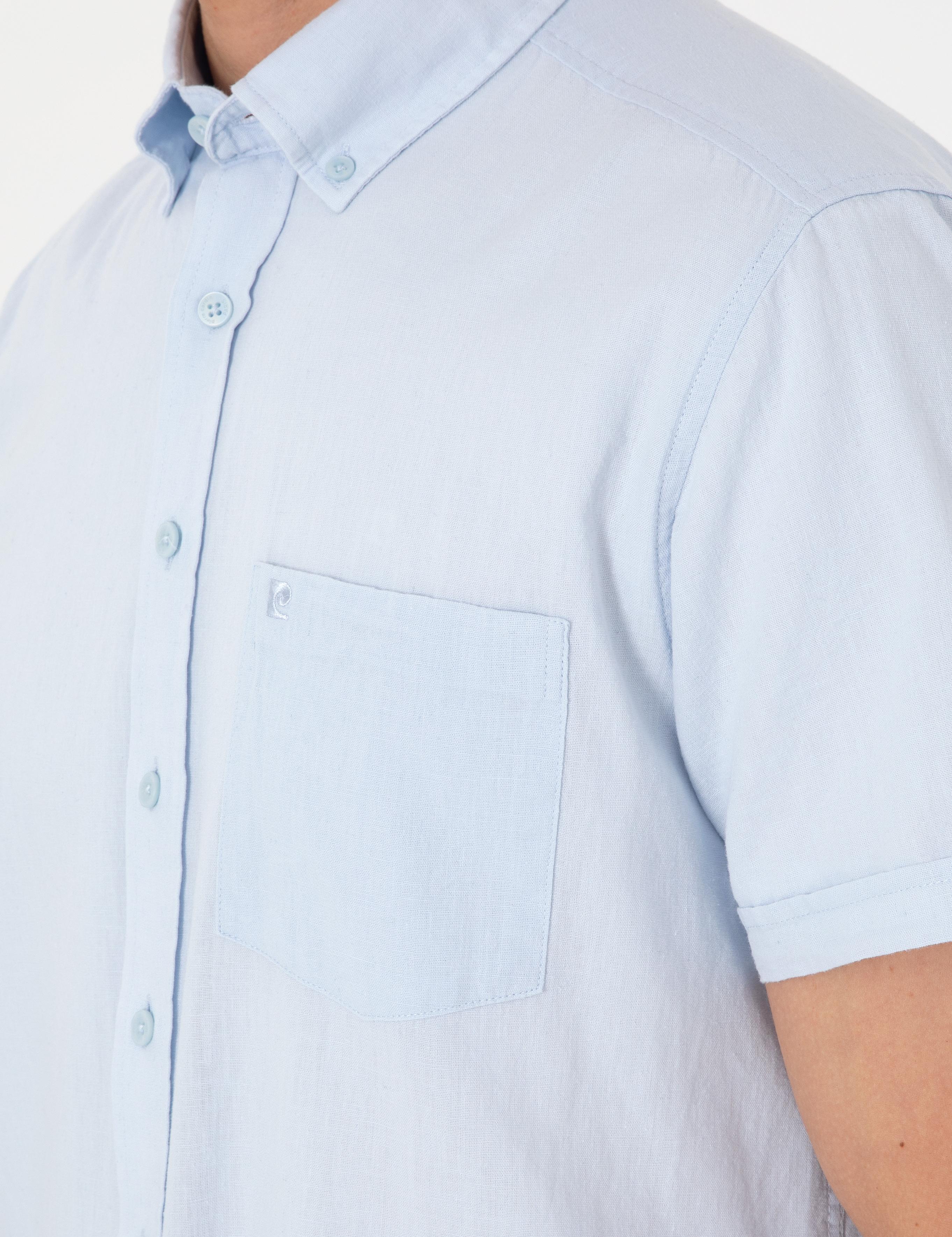 Açık Mavi Keten Karışımlı Regular Fit Kısa Kollu Gömlek