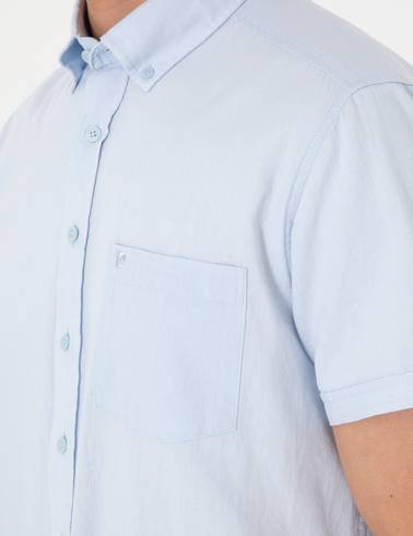 Açık Mavi Keten Karışımlı Regular Fit Kısa Kollu Gömlek