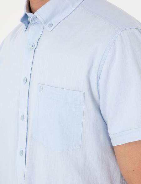 Açık Mavi Keten Karışımlı Regular Fit Kısa Kollu Gömlek - 50303418063