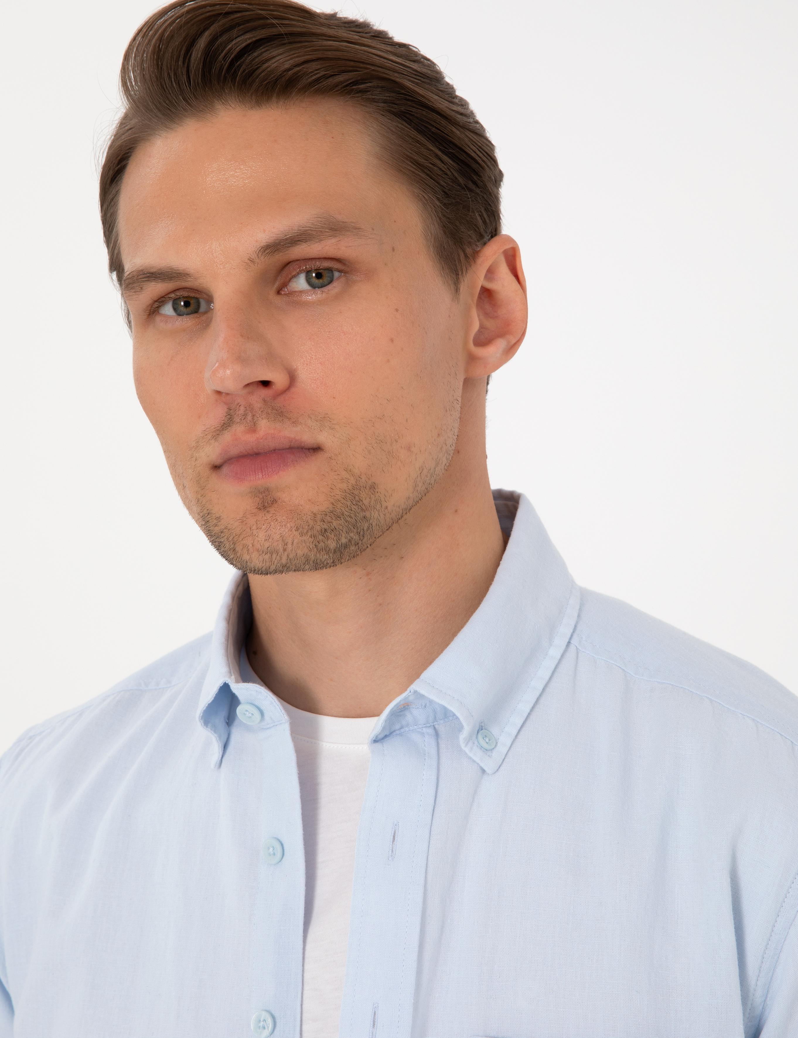 Açık Mavi Keten Karışımlı Regular Fit Kısa Kollu Gömlek