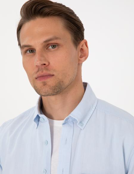 Açık Mavi Keten Karışımlı Regular Fit Kısa Kollu Gömlek - 50303418063