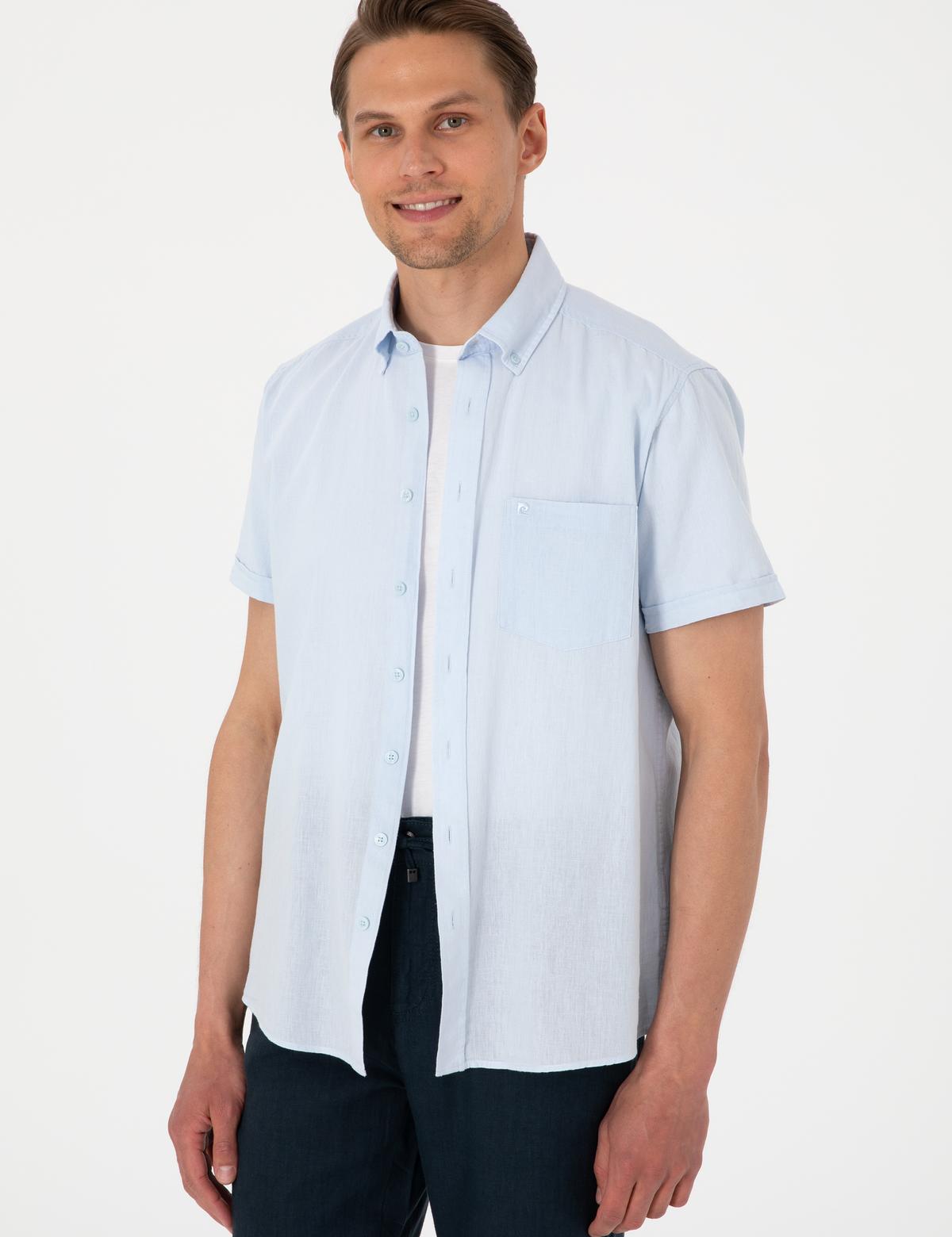 Açık Mavi Keten Karışımlı Regular Fit Kısa Kollu Gömlek - 50303418063