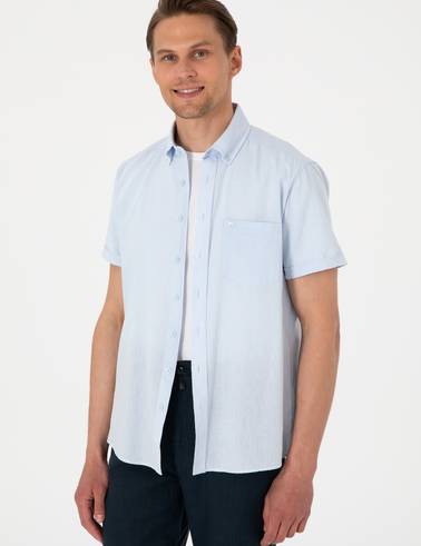 Açık Mavi Keten Karışımlı Regular Fit Kısa Kollu Gömlek