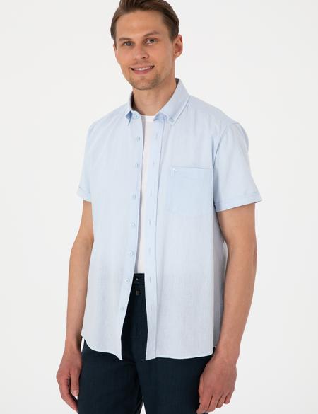 Açık Mavi Keten Karışımlı Regular Fit Kısa Kollu Gömlek - 50303418063