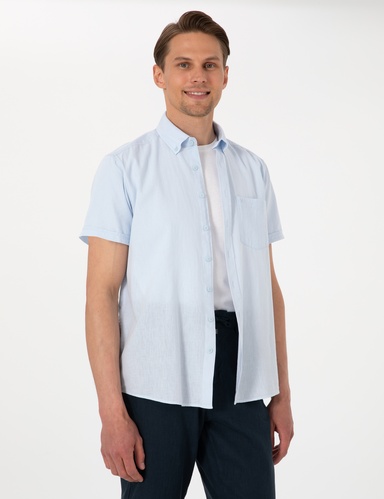 Açık Mavi Keten Karışımlı Regular Fit Kısa Kollu Gömlek