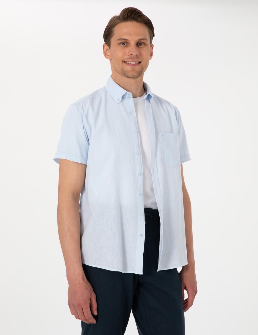 Açık Mavi Keten Karışımlı Regular Fit Kısa Kollu Gömlek