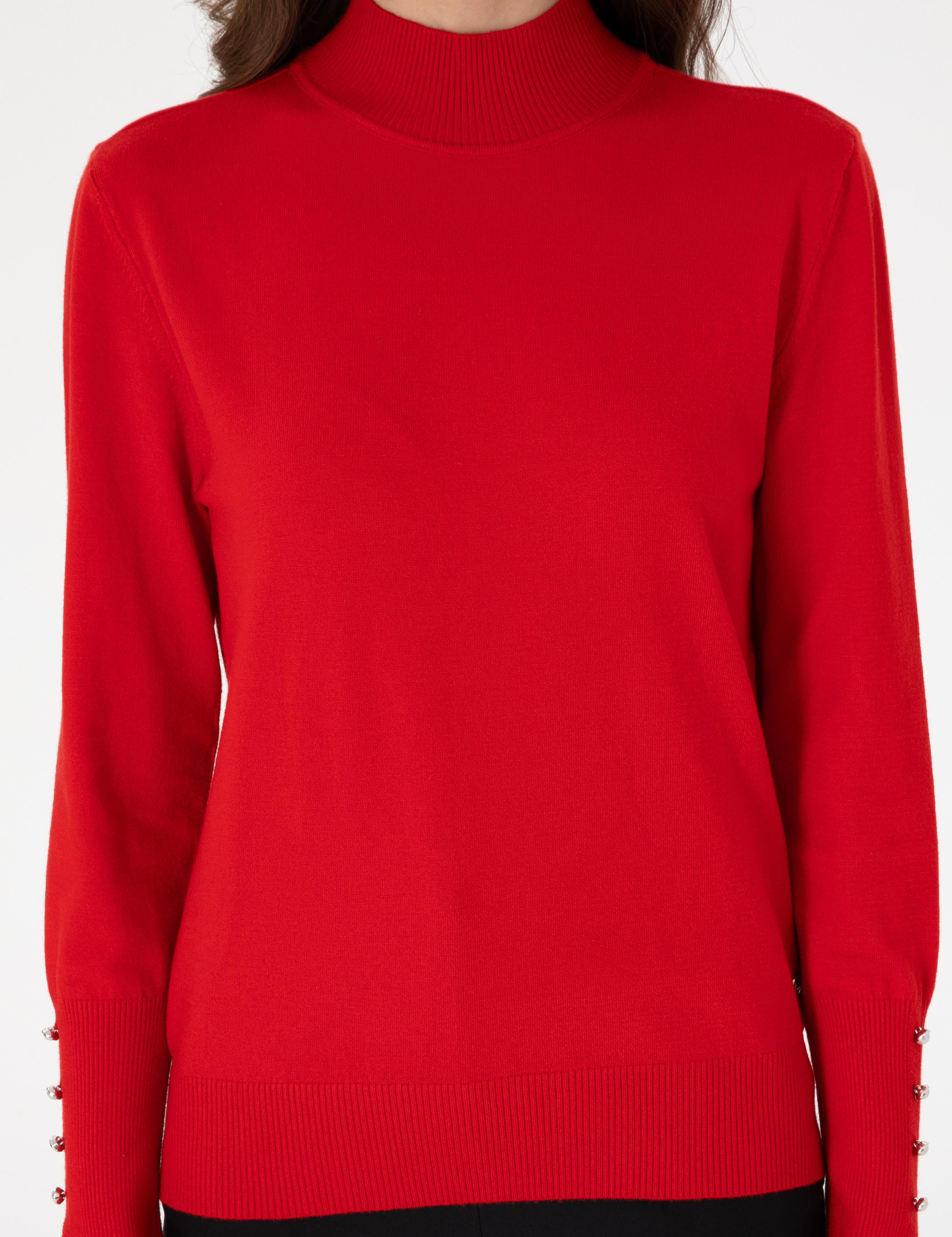 Kırmızı Slim Fit Yarım Balıkçı Yaka Basic Kazak