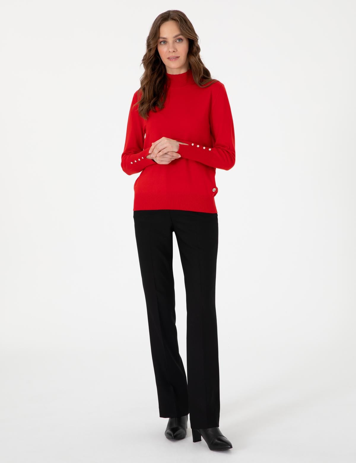 Kırmızı Slim Fit Yarım Balıkçı Yaka Basic Kazak - 50290578047