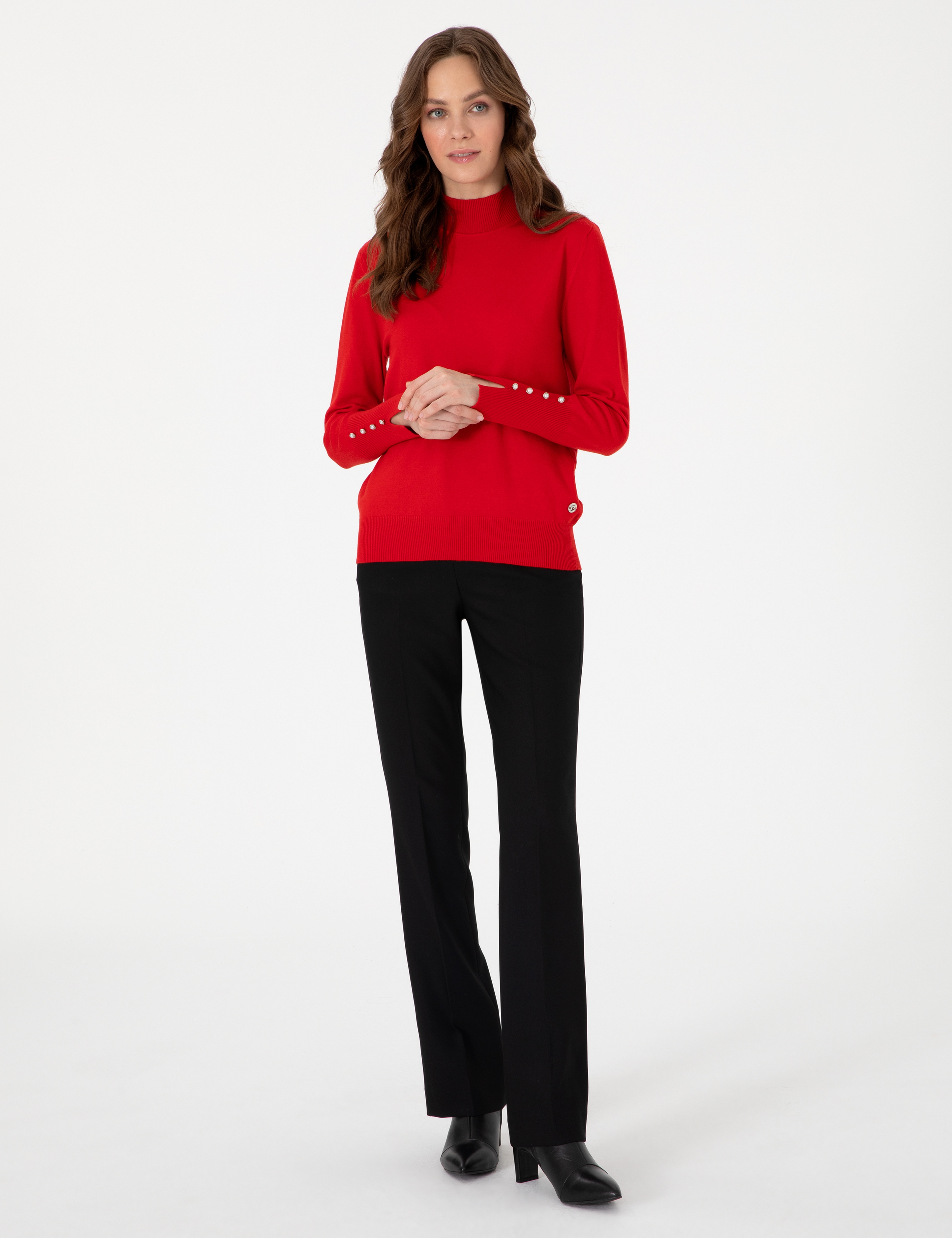 Kırmızı Slim Fit Yarım Balıkçı Yaka Basic Kazak - Image 4