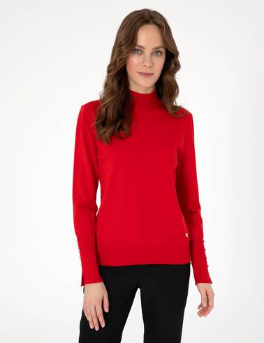 Kırmızı Slim Fit Yarım Balıkçı Yaka Basic Kazak