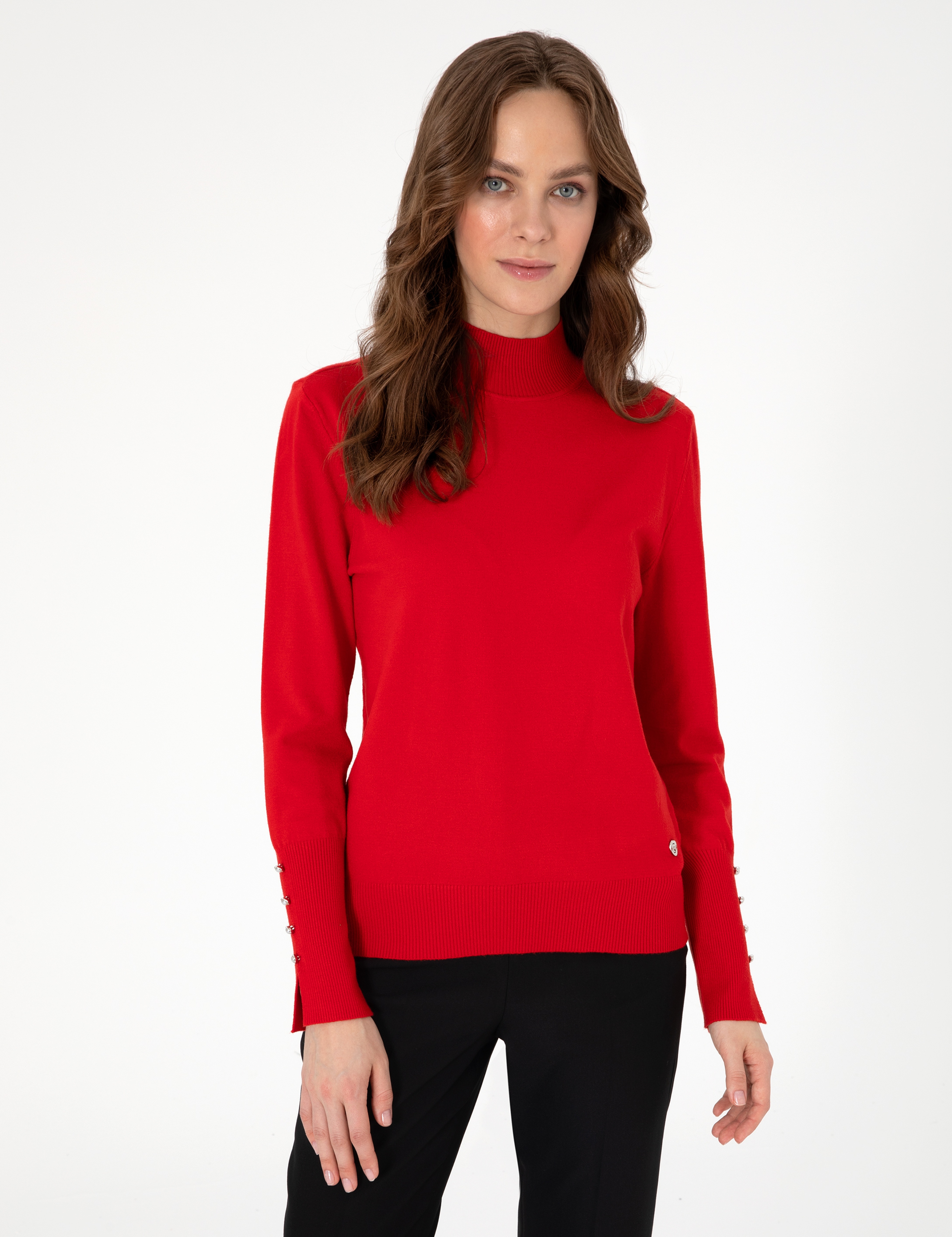 Kırmızı Slim Fit Yarım Balıkçı Yaka Basic Kazak
