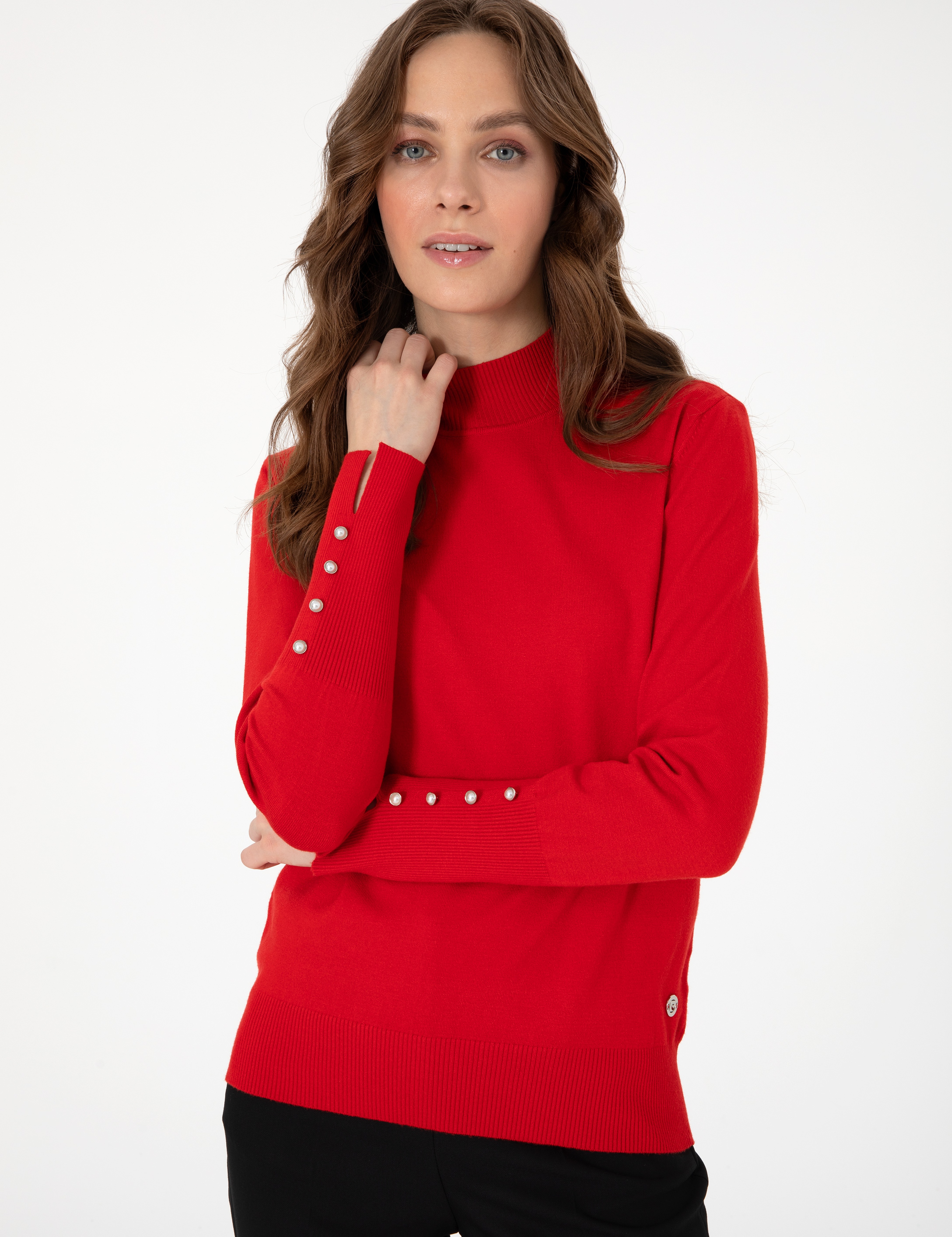 Kırmızı Slim Fit Yarım Balıkçı Yaka Basic Kazak