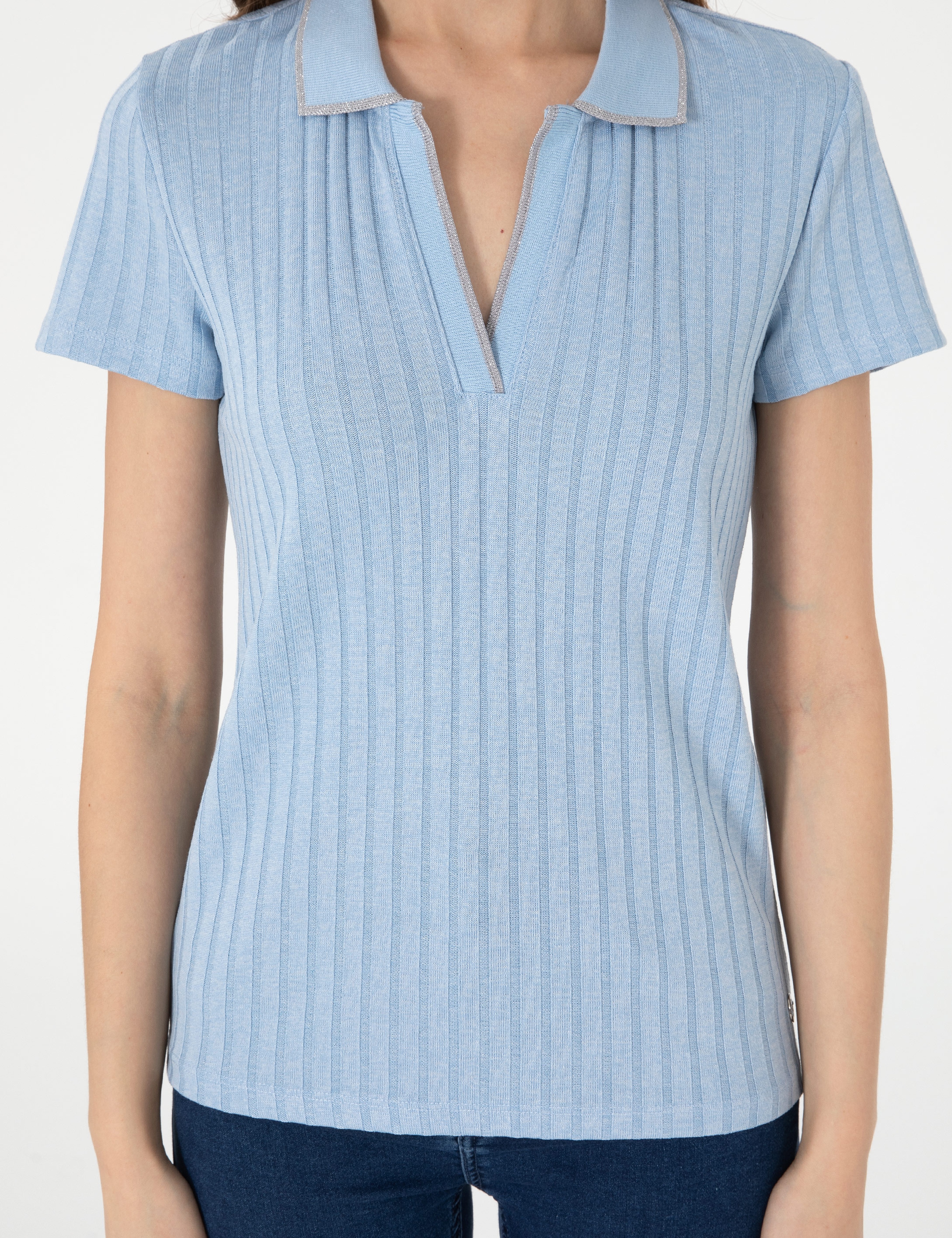 Açık Mavi Slim Fit Basic Tişört - Image 6